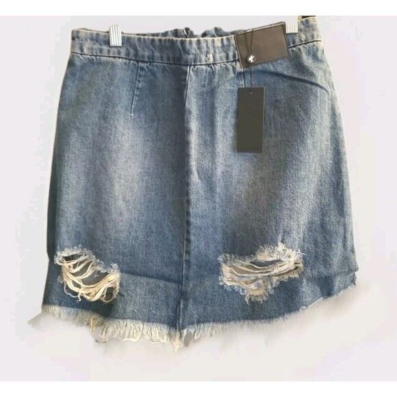 OneTeaspoon Denim Skirt Womens 28 Blue Oxford Distressed Front Zip Raw Hem Nwt - Picture 5 of 8